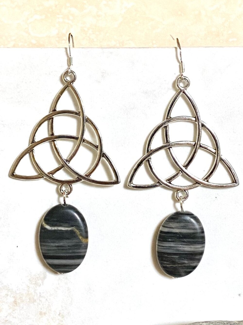 2/$20, Black Banded Agate Celtic Trinity Dangle Earrings, Gemstone & 925 Hooks
